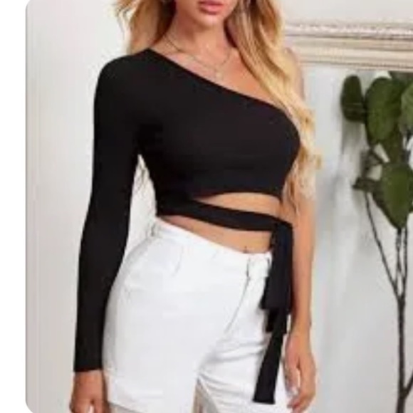 Timing One ShoulderLong Sleeved Side Tie Pink Print Crop Top. Size L. P325/A2397 - Picture 3 of 10